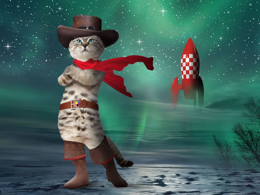 Un chat debout devant une fusée se décoller
