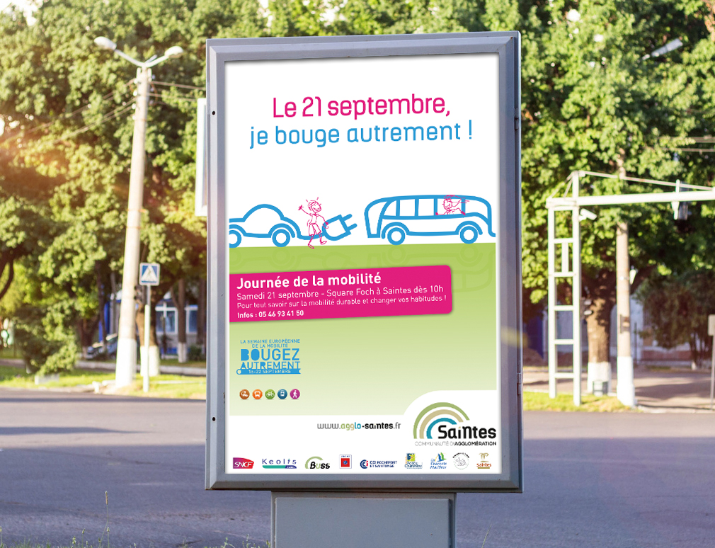 Création et conception par l'agence de communication CHAT BOTTÉ des supports de communication pour la journée de la mobilité pour la CDA de Saintes
